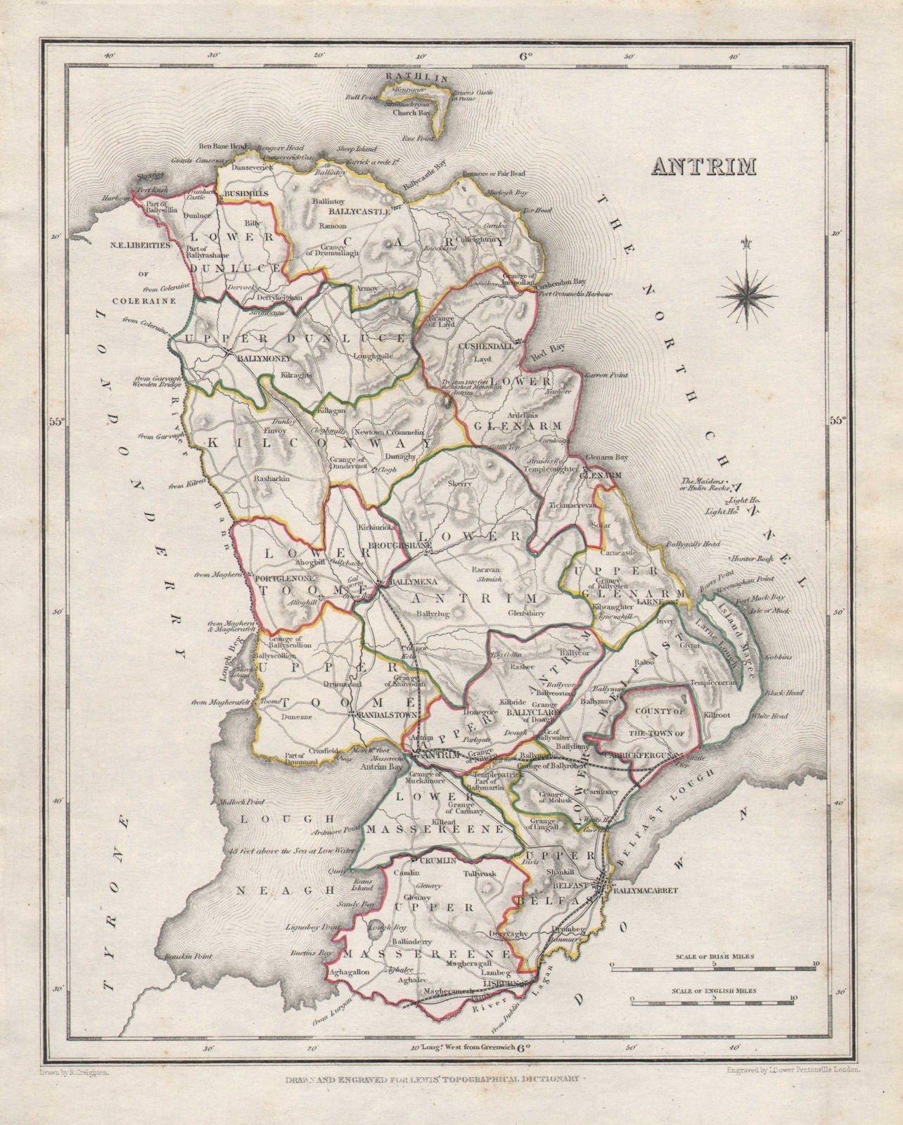 COUNTY ANTRIM antique map for LEWIS by CREIGHTON & DOWER. Ulster 1846 old